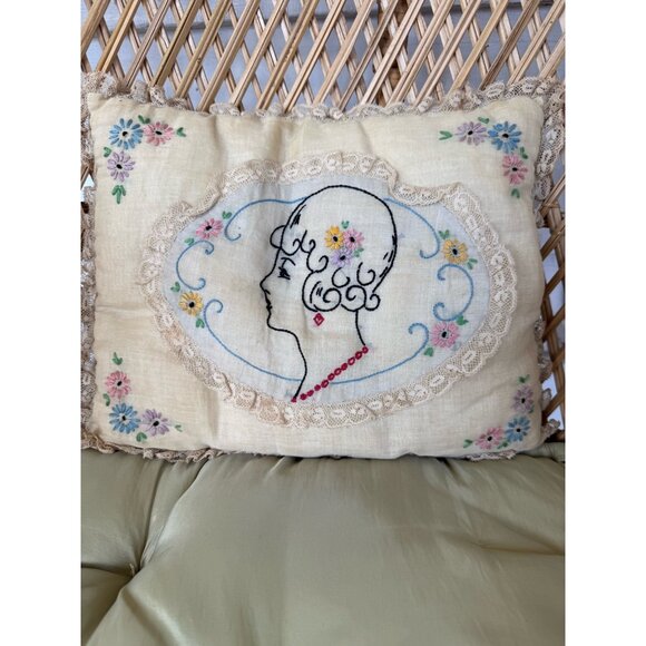 Antique 20's Embroidered Accent Pillow Profile Woman Flowers Lace Edge - Picture 1 of 11